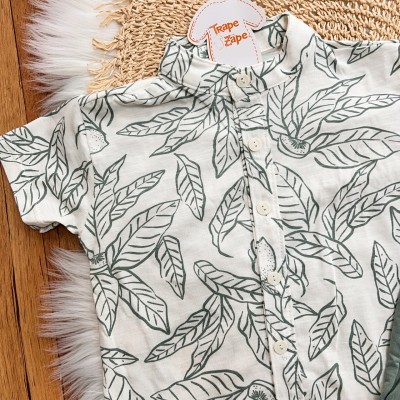 Conj. Camiseta Folhagem Gola Padre e Bermuda - Verde e Off White